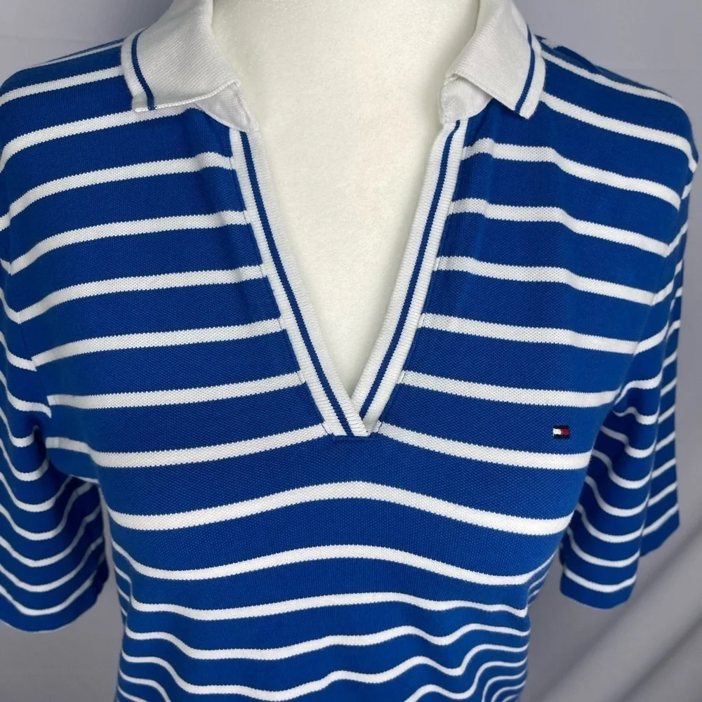 Tommy Hilfiger polo shirt open V-neck white and blue stripes women’s size S - Picture 8 of 17